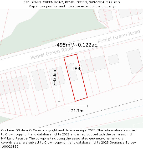 184, PENIEL GREEN ROAD, PENIEL GREEN, SWANSEA, SA7 9BD: Plot and title map