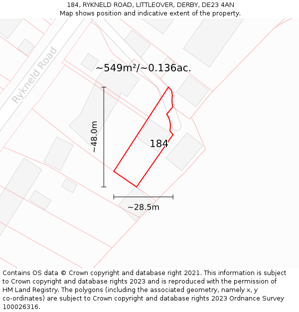 184, RYKNELD ROAD, LITTLEOVER, DERBY, DE23 4AN: Plot and title map