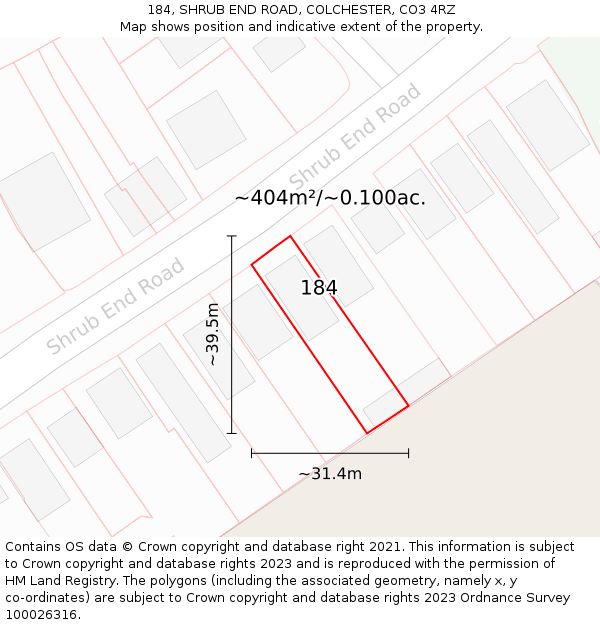 184, SHRUB END ROAD, COLCHESTER, CO3 4RZ: Plot and title map