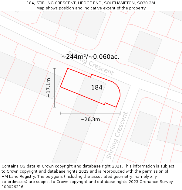 184, STIRLING CRESCENT, HEDGE END, SOUTHAMPTON, SO30 2AL: Plot and title map