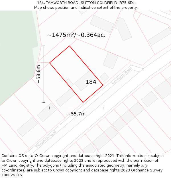 184, TAMWORTH ROAD, SUTTON COLDFIELD, B75 6DL: Plot and title map