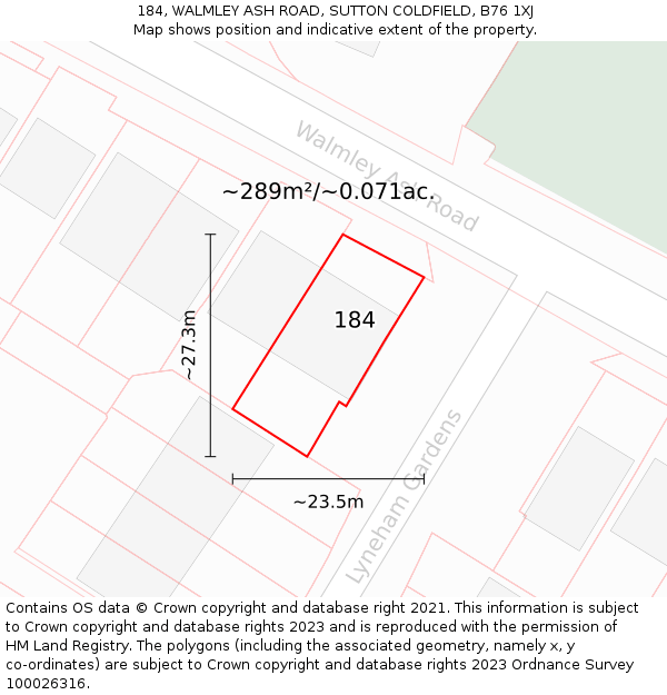 184, WALMLEY ASH ROAD, SUTTON COLDFIELD, B76 1XJ: Plot and title map