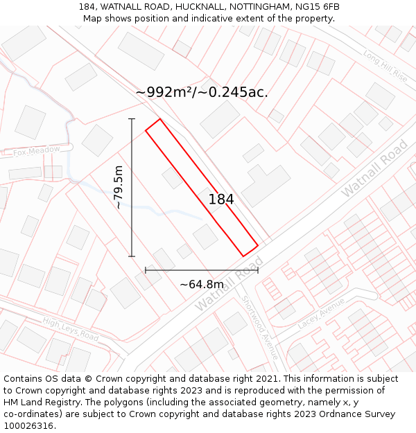 184, WATNALL ROAD, HUCKNALL, NOTTINGHAM, NG15 6FB: Plot and title map