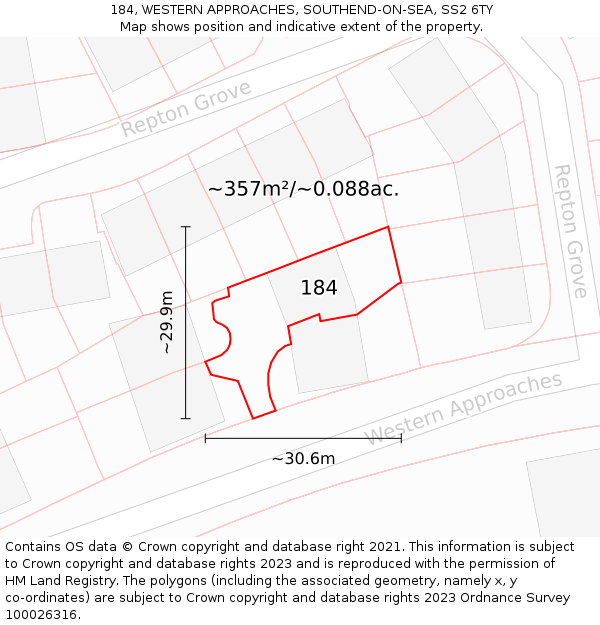 184, WESTERN APPROACHES, SOUTHEND-ON-SEA, SS2 6TY: Plot and title map