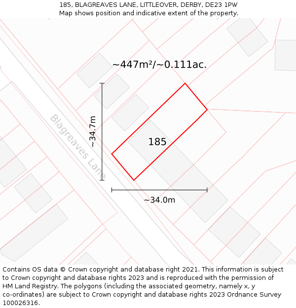 185, BLAGREAVES LANE, LITTLEOVER, DERBY, DE23 1PW: Plot and title map