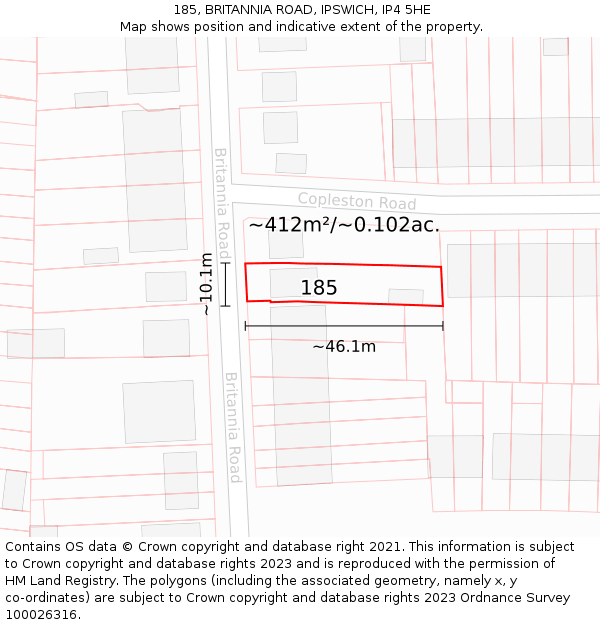 185, BRITANNIA ROAD, IPSWICH, IP4 5HE: Plot and title map