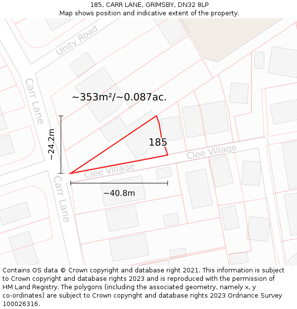 185, CARR LANE, GRIMSBY, DN32 8LP: Plot and title map
