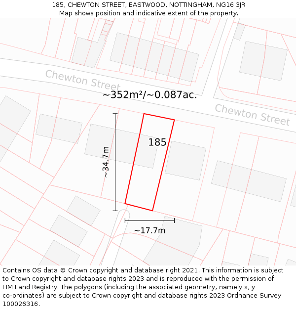 185, CHEWTON STREET, EASTWOOD, NOTTINGHAM, NG16 3JR: Plot and title map