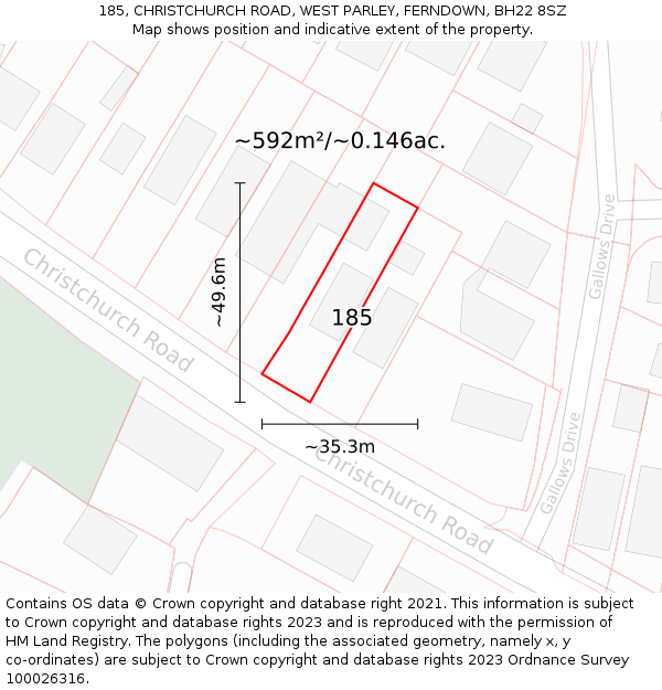 185, CHRISTCHURCH ROAD, WEST PARLEY, FERNDOWN, BH22 8SZ: Plot and title map