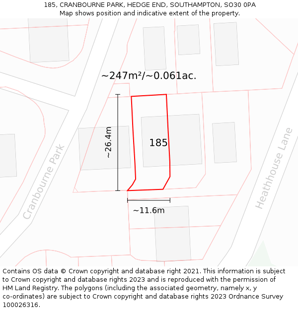 185, CRANBOURNE PARK, HEDGE END, SOUTHAMPTON, SO30 0PA: Plot and title map