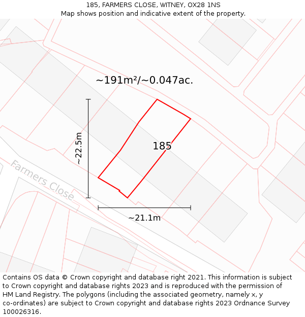 185, FARMERS CLOSE, WITNEY, OX28 1NS: Plot and title map