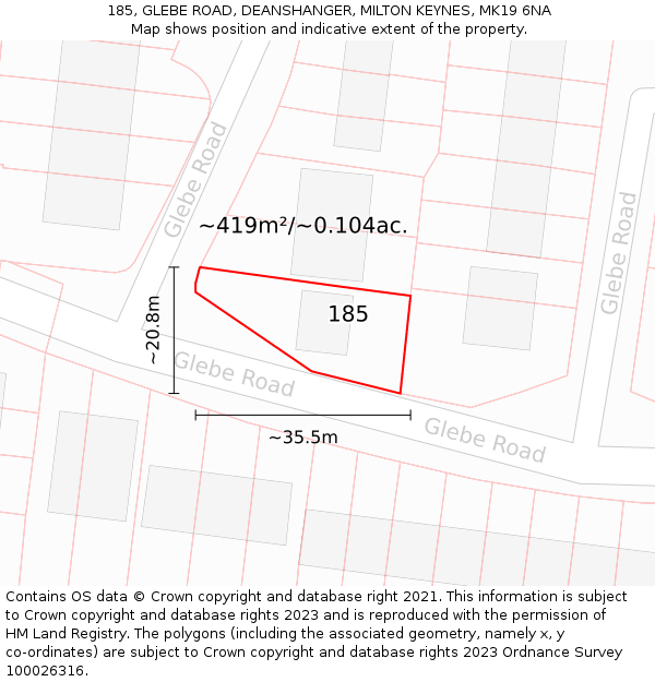 185, GLEBE ROAD, DEANSHANGER, MILTON KEYNES, MK19 6NA: Plot and title map