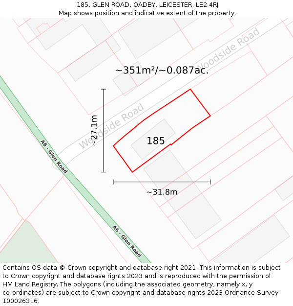 185, GLEN ROAD, OADBY, LEICESTER, LE2 4RJ: Plot and title map