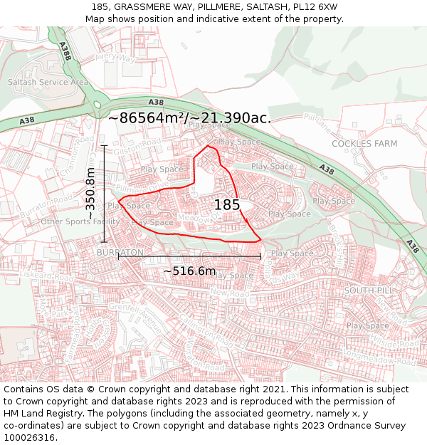 185, GRASSMERE WAY, PILLMERE, SALTASH, PL12 6XW: Plot and title map