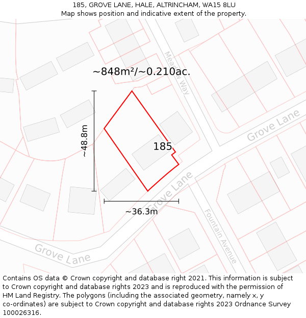 185, GROVE LANE, HALE, ALTRINCHAM, WA15 8LU: Plot and title map