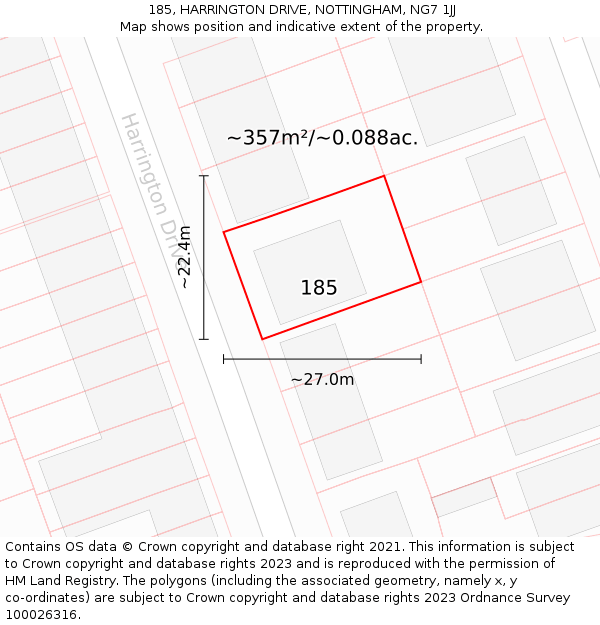 185, HARRINGTON DRIVE, NOTTINGHAM, NG7 1JJ: Plot and title map