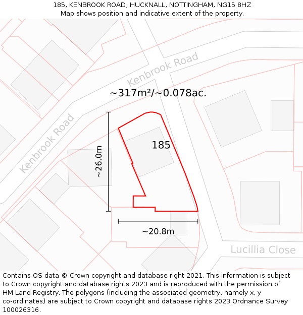 185, KENBROOK ROAD, HUCKNALL, NOTTINGHAM, NG15 8HZ: Plot and title map