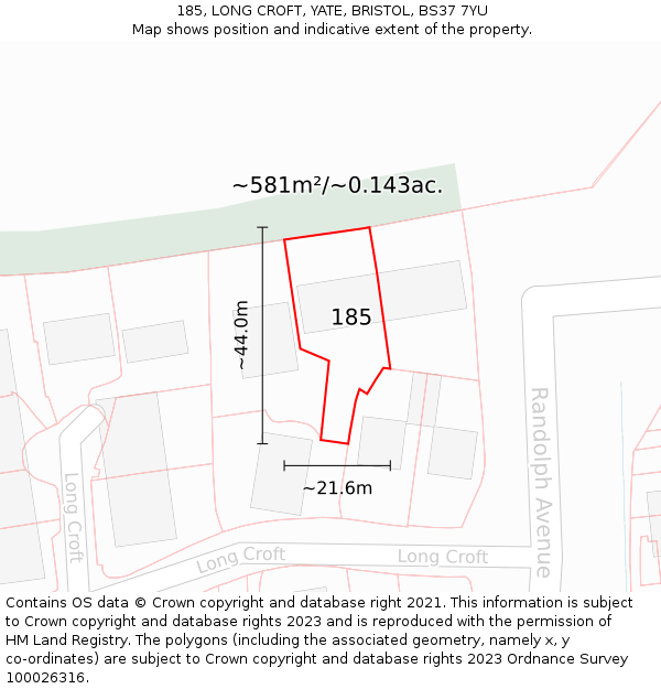 185, LONG CROFT, YATE, BRISTOL, BS37 7YU: Plot and title map