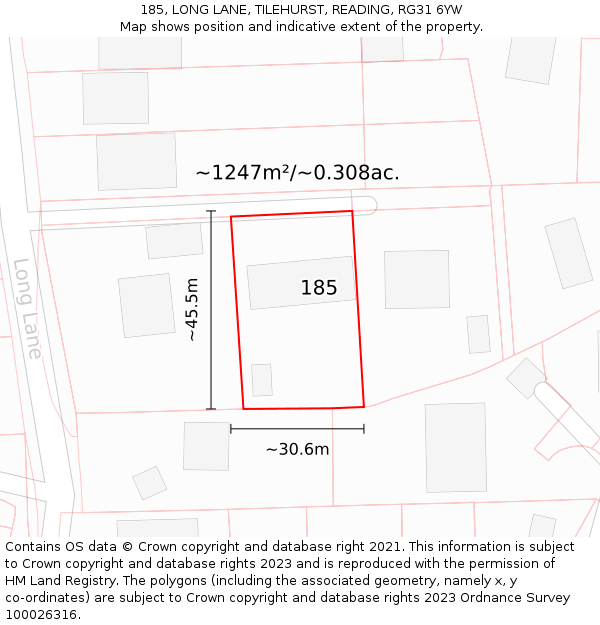 185, LONG LANE, TILEHURST, READING, RG31 6YW: Plot and title map