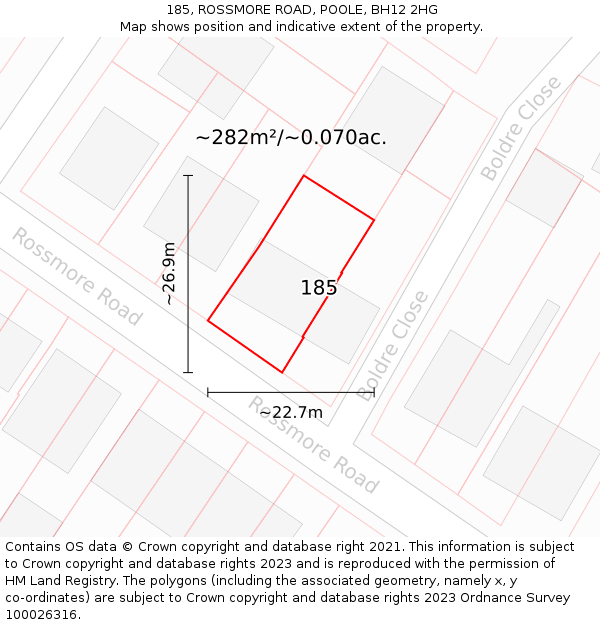 185, ROSSMORE ROAD, POOLE, BH12 2HG: Plot and title map