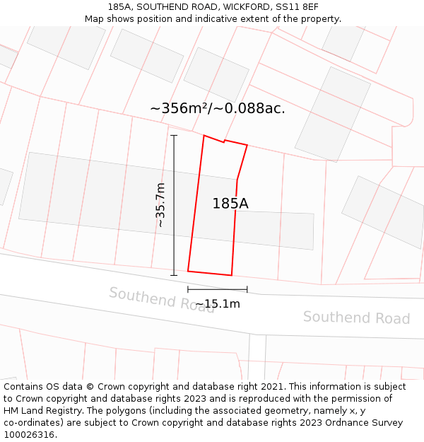 185A, SOUTHEND ROAD, WICKFORD, SS11 8EF: Plot and title map