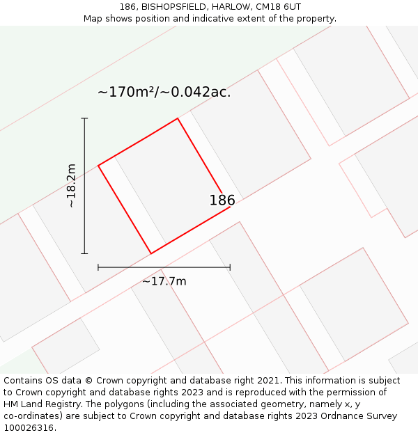 186, BISHOPSFIELD, HARLOW, CM18 6UT: Plot and title map