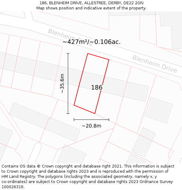 186, BLENHEIM DRIVE, ALLESTREE, DERBY, DE22 2GN: Plot and title map