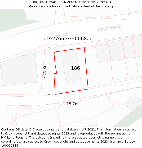 186, BRYN ROAD, BRYNMENYN, BRIDGEND, CF32 9LA: Plot and title map