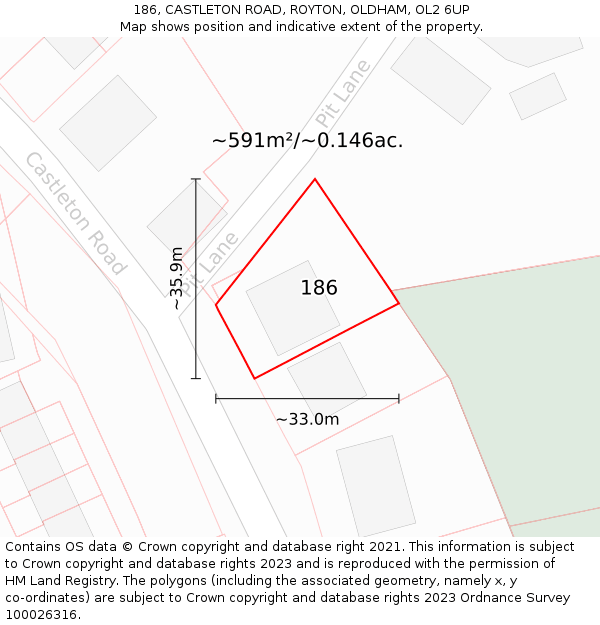 186, CASTLETON ROAD, ROYTON, OLDHAM, OL2 6UP: Plot and title map