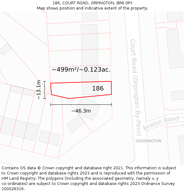 186, COURT ROAD, ORPINGTON, BR6 0PY: Plot and title map