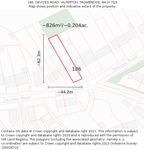 186, DEVIZES ROAD, HILPERTON, TROWBRIDGE, BA14 7QS: Plot and title map