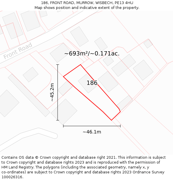 186, FRONT ROAD, MURROW, WISBECH, PE13 4HU: Plot and title map