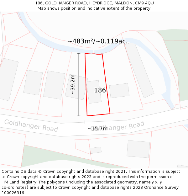186, GOLDHANGER ROAD, HEYBRIDGE, MALDON, CM9 4QU: Plot and title map