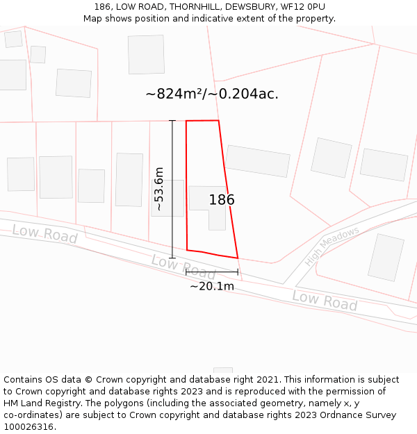 186, LOW ROAD, THORNHILL, DEWSBURY, WF12 0PU: Plot and title map