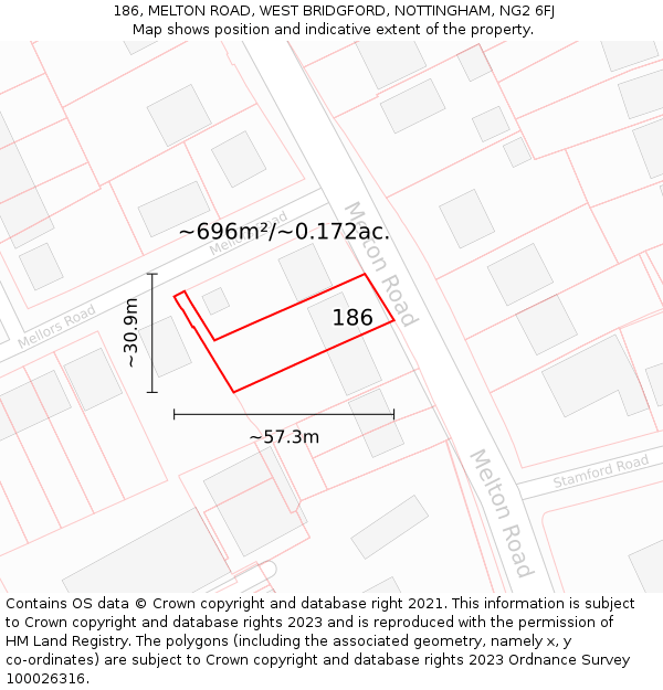 186, MELTON ROAD, WEST BRIDGFORD, NOTTINGHAM, NG2 6FJ: Plot and title map