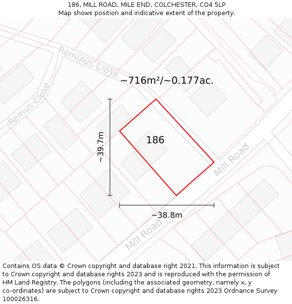 186, MILL ROAD, MILE END, COLCHESTER, CO4 5LP: Plot and title map
