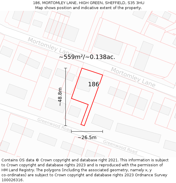 186, MORTOMLEY LANE, HIGH GREEN, SHEFFIELD, S35 3HU: Plot and title map