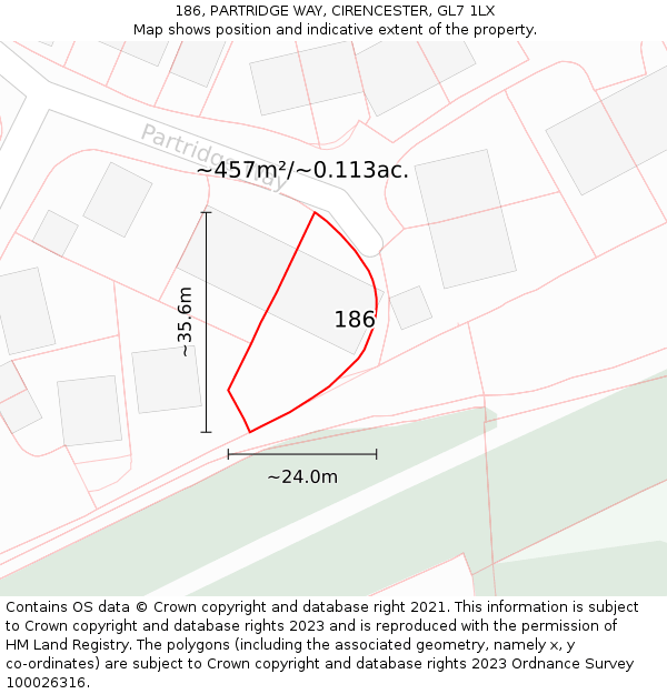 186, PARTRIDGE WAY, CIRENCESTER, GL7 1LX: Plot and title map