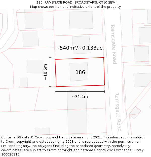 186, RAMSGATE ROAD, BROADSTAIRS, CT10 2EW: Plot and title map