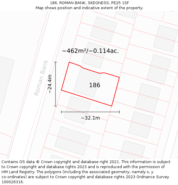186, ROMAN BANK, SKEGNESS, PE25 1SF: Plot and title map