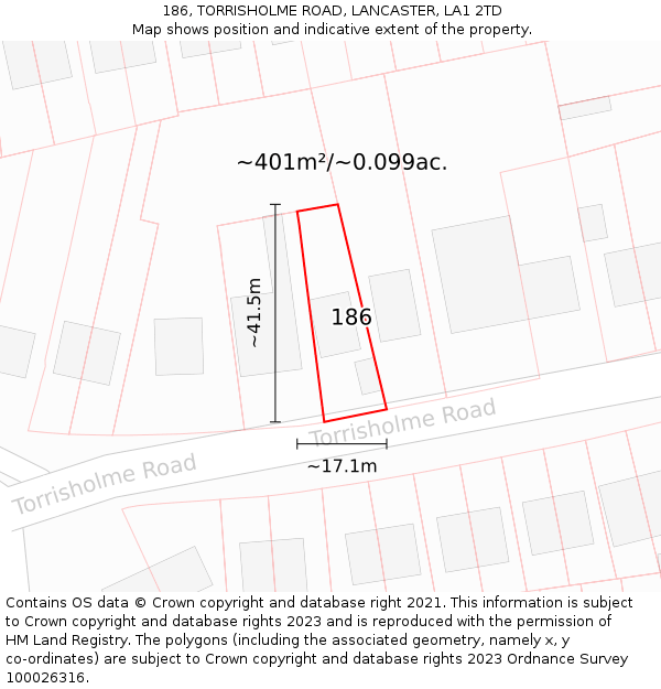 186, TORRISHOLME ROAD, LANCASTER, LA1 2TD: Plot and title map