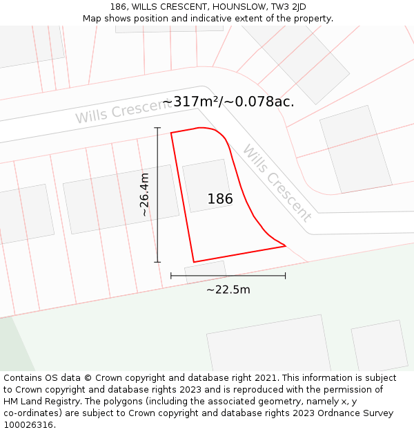 186, WILLS CRESCENT, HOUNSLOW, TW3 2JD: Plot and title map