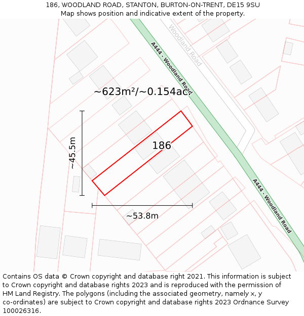 186, WOODLAND ROAD, STANTON, BURTON-ON-TRENT, DE15 9SU: Plot and title map
