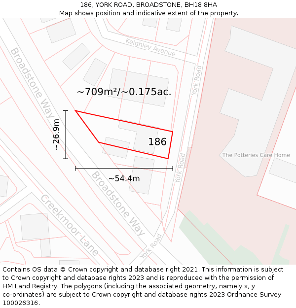 186, YORK ROAD, BROADSTONE, BH18 8HA: Plot and title map