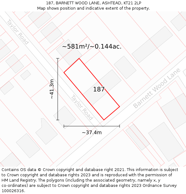 187, BARNETT WOOD LANE, ASHTEAD, KT21 2LP: Plot and title map