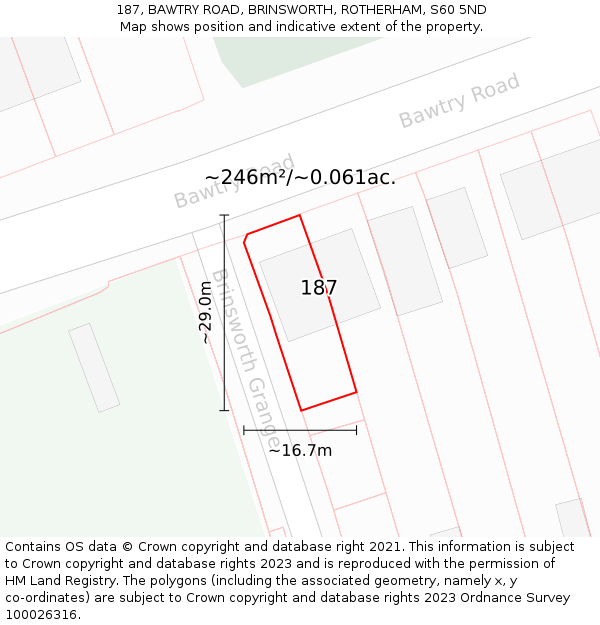 187, BAWTRY ROAD, BRINSWORTH, ROTHERHAM, S60 5ND: Plot and title map