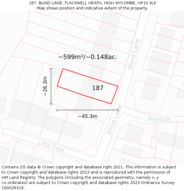 187, BLIND LANE, FLACKWELL HEATH, HIGH WYCOMBE, HP10 9LE: Plot and title map