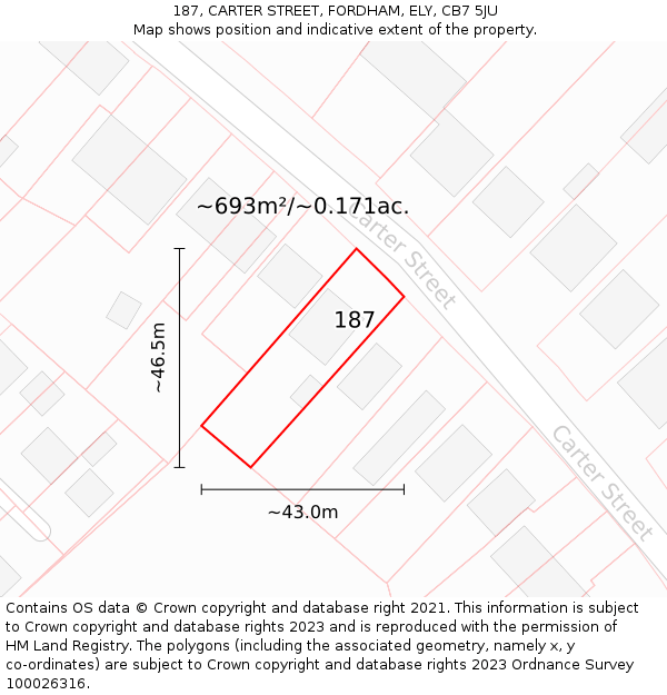 187, CARTER STREET, FORDHAM, ELY, CB7 5JU: Plot and title map