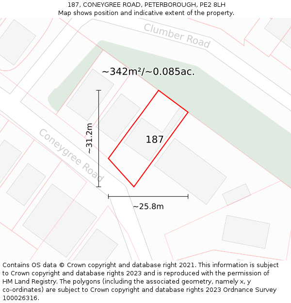 187, CONEYGREE ROAD, PETERBOROUGH, PE2 8LH: Plot and title map
