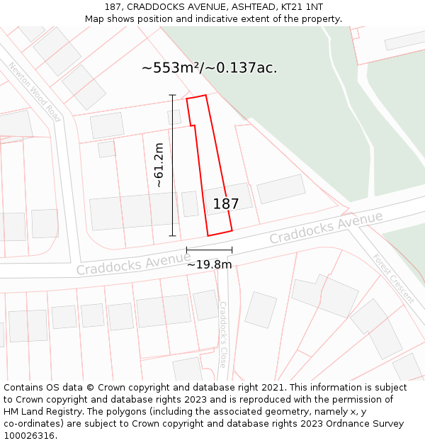 187, CRADDOCKS AVENUE, ASHTEAD, KT21 1NT: Plot and title map